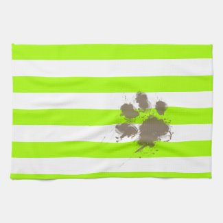 Funny Pawprint on Electric Lime Green Stripes Kitchen Towel